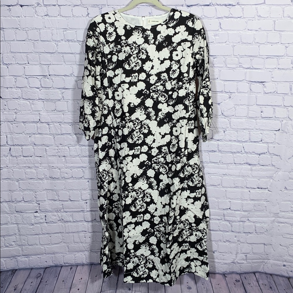 Everlane The Linen A-Line Midi Dress Black & Cream Floral Size 2 NWOT European
